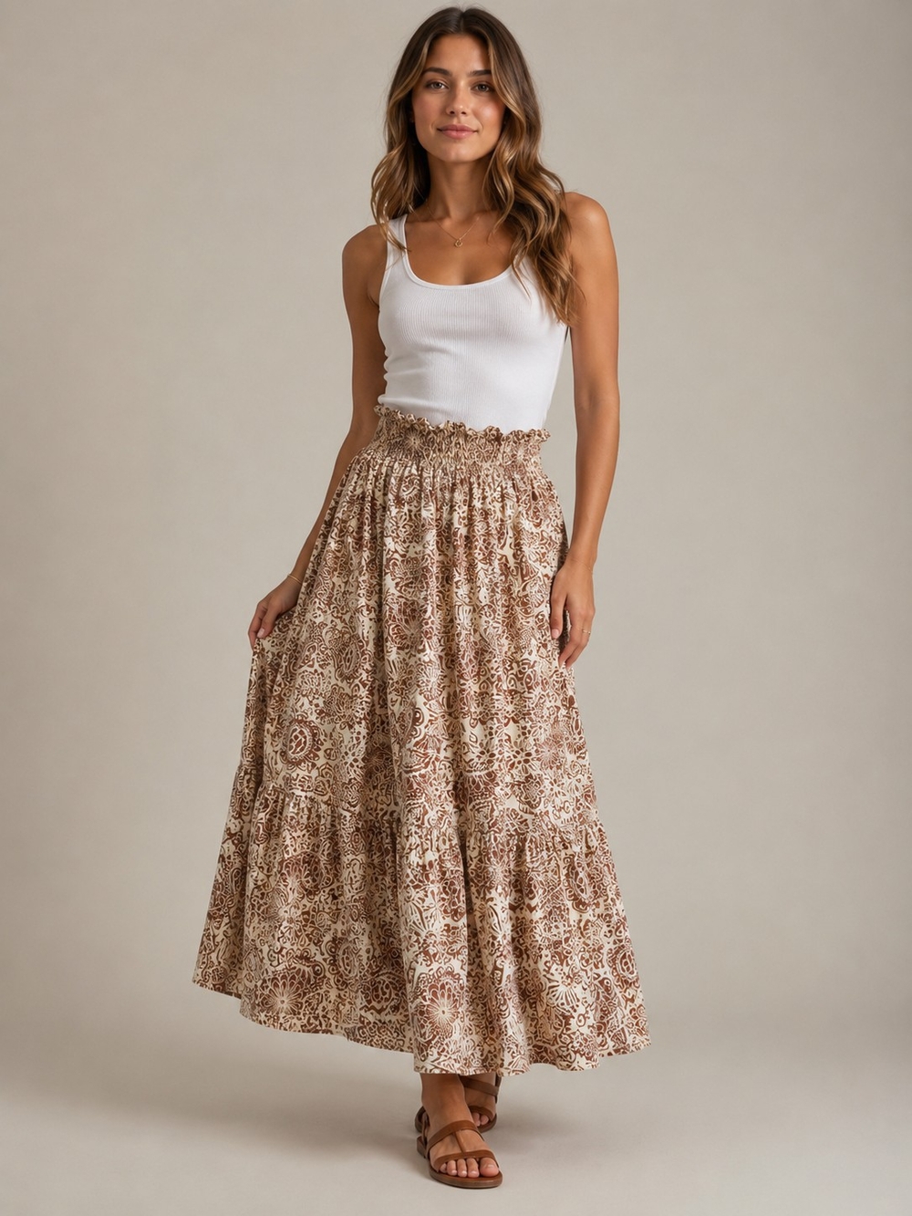 Mikarose Brown Cream Floral Paisley Tiered Smocked Maxi Skirt Size XXL Lined